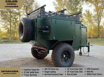 An olive green military-style expedition trailer parked outdoors on a gravel path with trees in the background. The trailer has large off-road tires, a spare tire mounted on the rear side, a roof rack, side saddle boxes, and a tongue box.